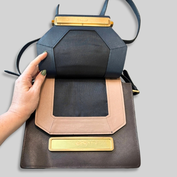 Zac Posen Katie Satchel Crossbody Leather Structured Top Handle Bag Purse Navy - Picture 4 of 16